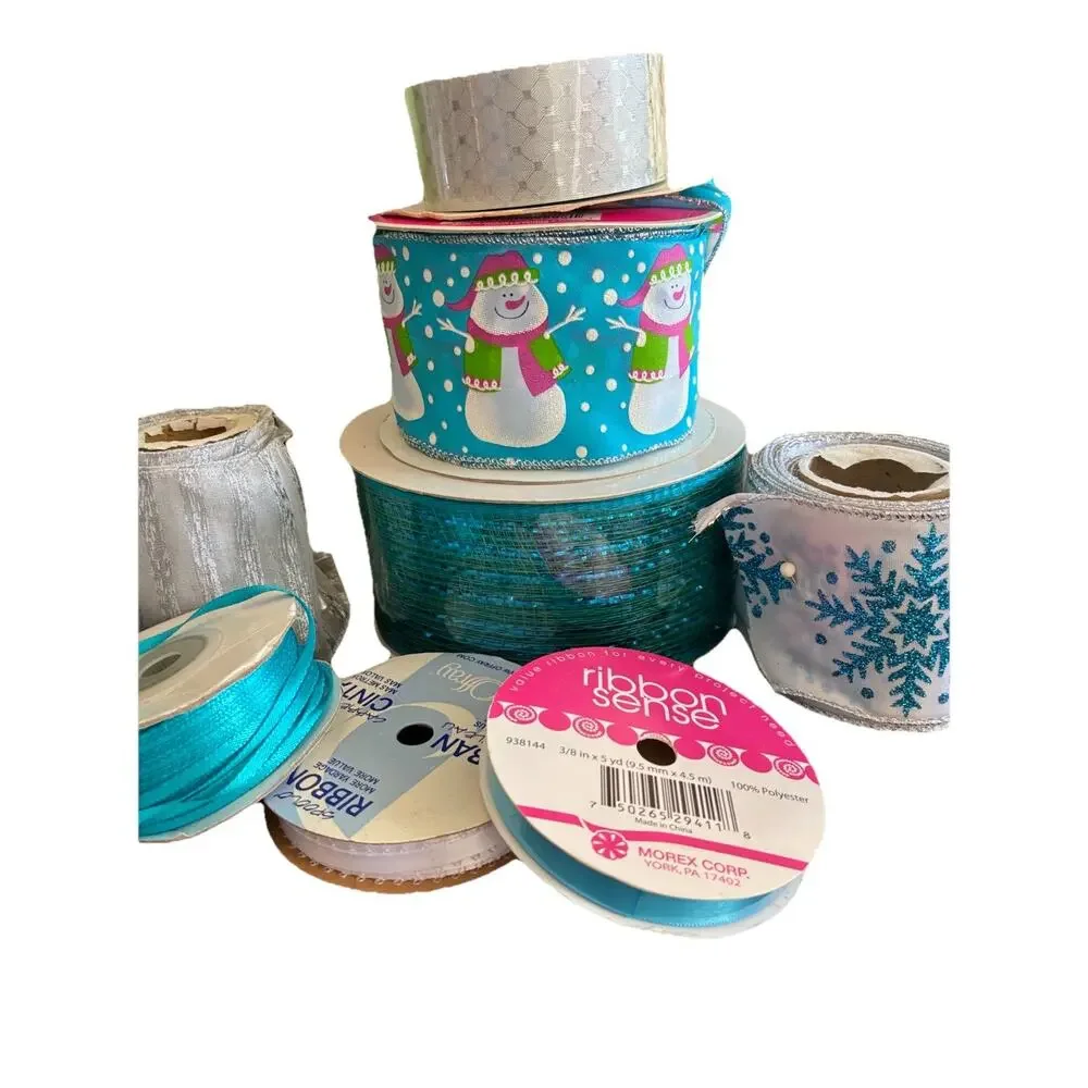 Lot of 8 Blue & Silver Decorative Holiday Ribbons Snowman Glitter Foil Wired VTG